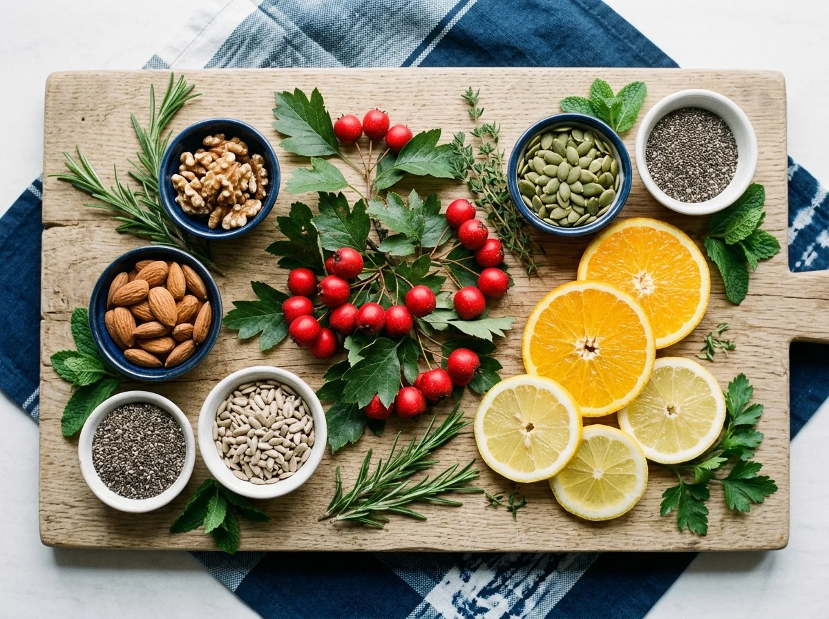 Flat-lay of hawthorn berries, nuts, seeds and citrus that support cardiovascular wellbeing