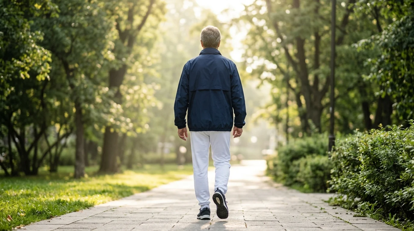 A person walking outdoors in a sunny park, seen from behind, illustrating an active everyday lifestyle