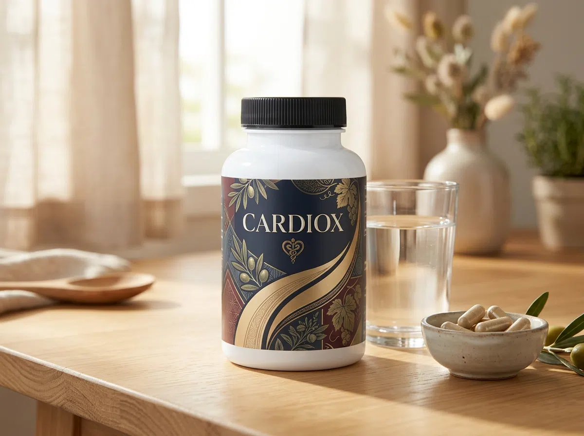 CardioX supplement bottle on a kitchen counter beside water and fresh berries