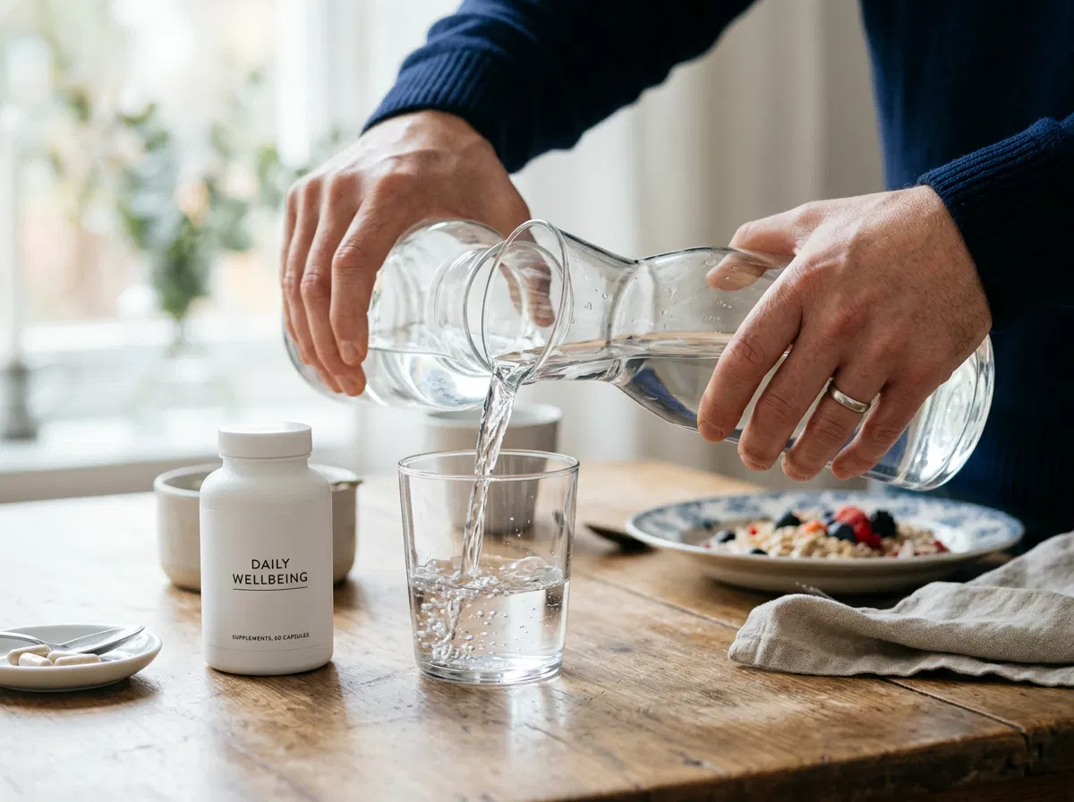 Hands pouring a glass of water at a breakfast table beside the CardioX bottle